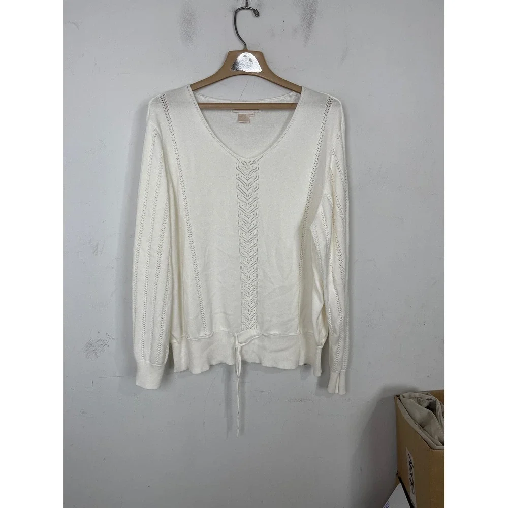 Maurada‎ Womens White V-Neck Pointelle Knit Drawstring Waist Sweater Size 3X